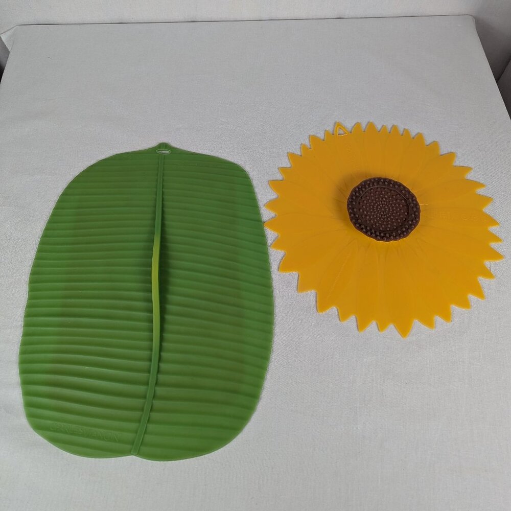 Set of 2 Charles Viancin Silicone Lid Yellow Sunflower 13" Green Banana Leaf 16"